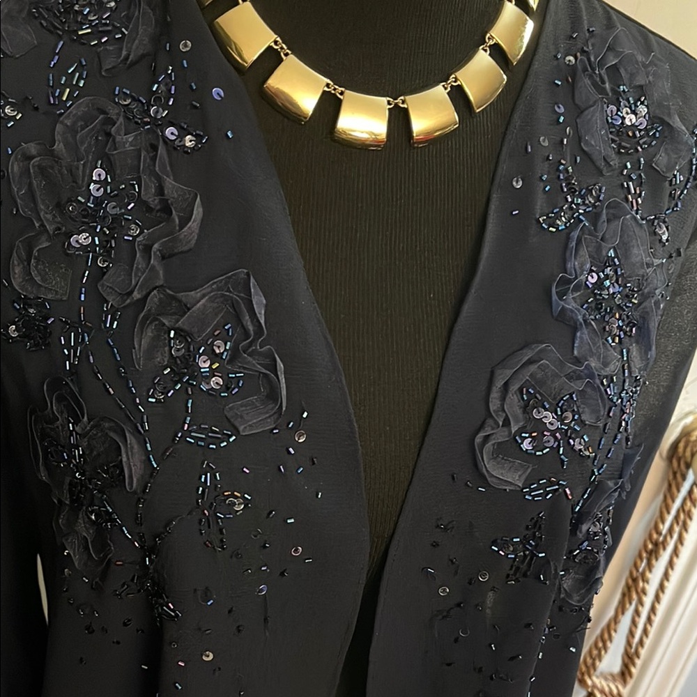 Elegant Navy Sheer Cardigan with Floral Embellishments - Picture 6 of 9
